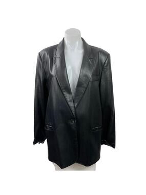 Zara Women Black Faux Leather Vegan Peak Lapel Relaxed Blazer Coat Jacket Size L